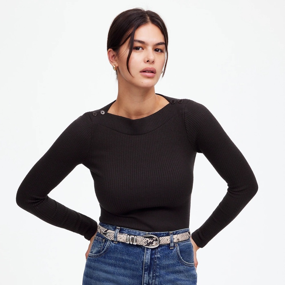 NWT Madewell medium boatneck long sleeve tee Black Ribbed